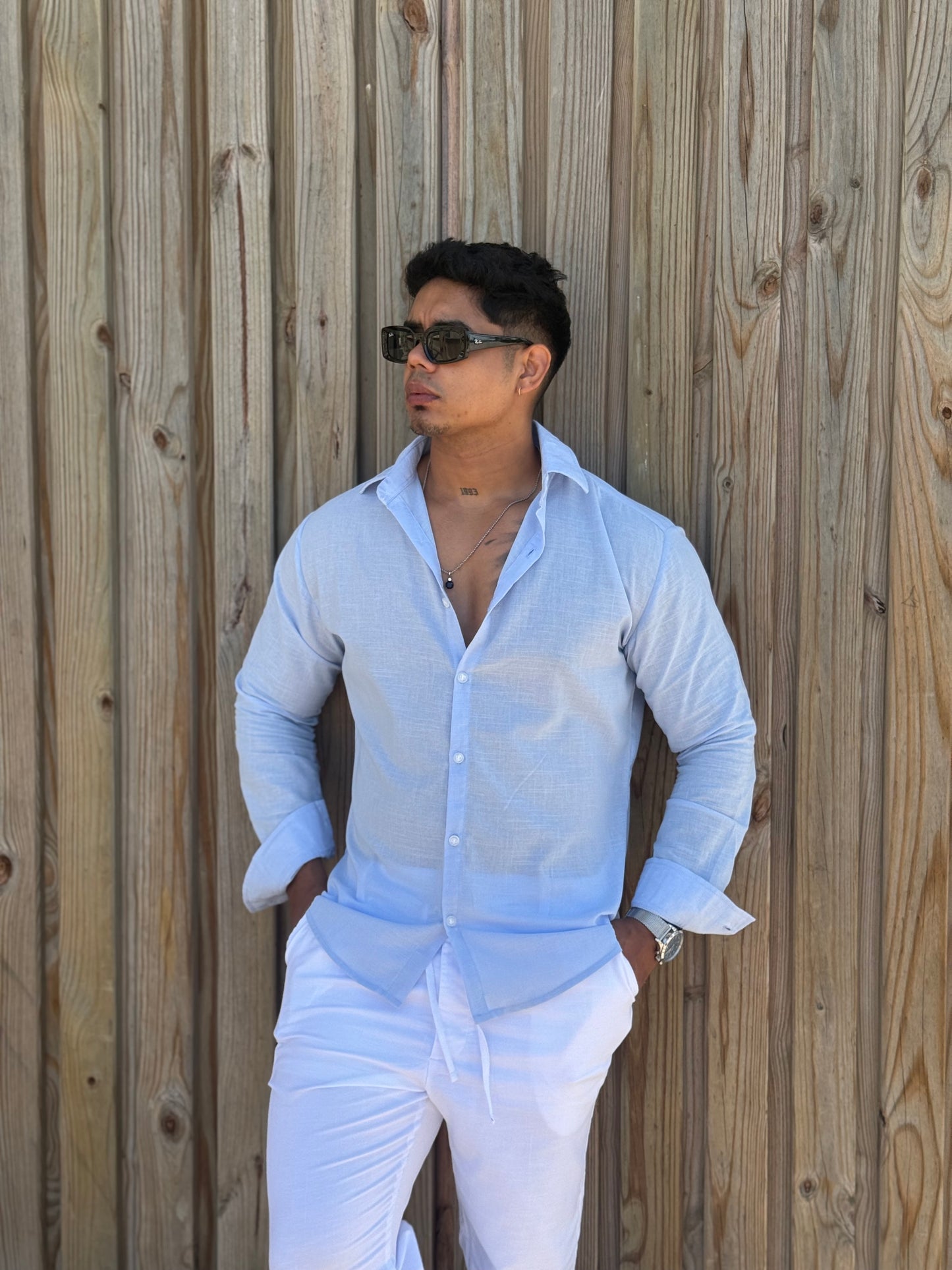 Pitbull Wear Camisa Lino Manga Larga Hombre Transpirable Slim Fit